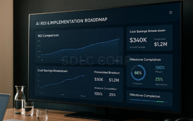 ROI & Implementation Roadmap Visual of ROI and implementation roadmap for hospitality AI, showing cost savings chart, project timeline, and milestone completion indicators