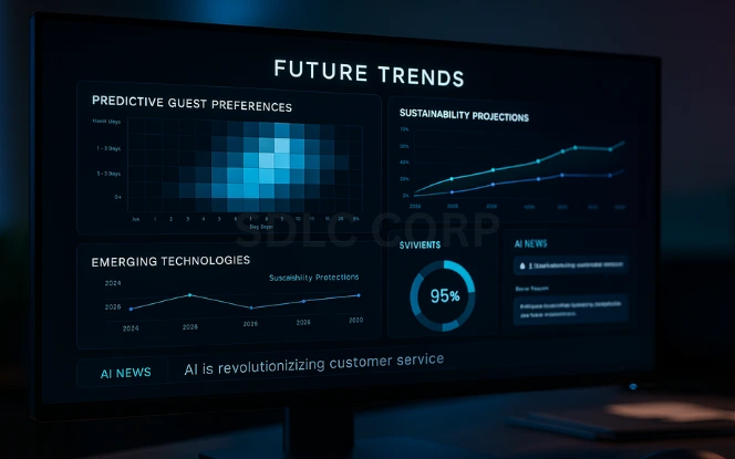 Future Trends in Generative AI for Hospitality Futuristic dashboard visualizing future trends in generative AI for hospitality, including predictive guest preferences, sustainability projections, and emerging technology adoption