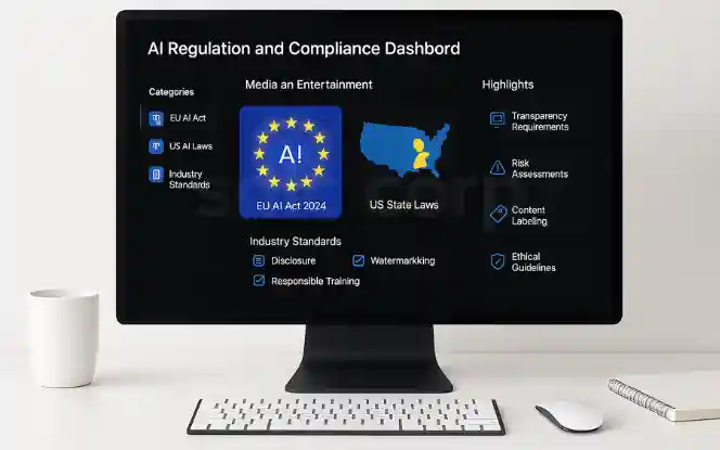 Desktop mockup showing AI regulatory landscape in entertainment with EU AI Act, US state laws, and industry standards compliance dashboard.