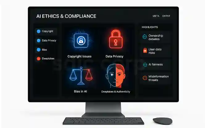 Desktop mockup showing ethical and legal considerations of AI in entertainment with icons for copyright, privacy, bias, and deepfake risks.