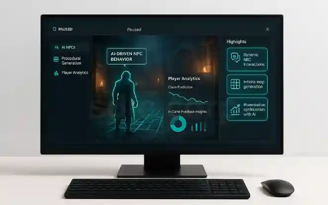 Desktop mockup showing AI in gaming and interactive media with AI-driven NPCs, procedural content generation, and player analytics dashboards.