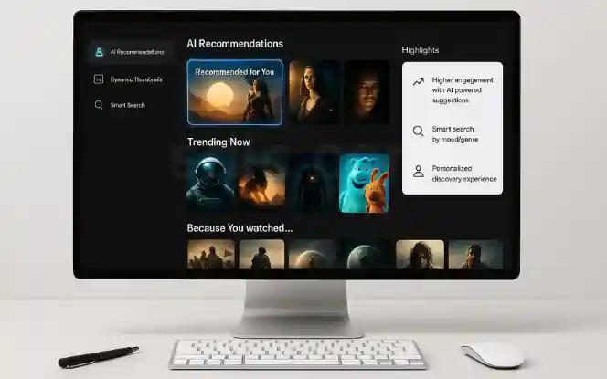 Desktop mockup showing AI in streaming and content discovery with personalized recommendations, dynamic thumbnails, and smart search features.