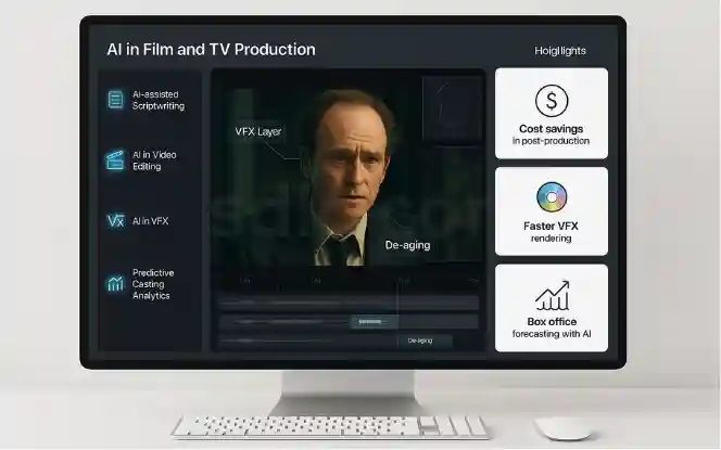 Desktop mockup showing AI in film and TV production with scriptwriting, video editing, VFX, and predictive analytics dashboards..