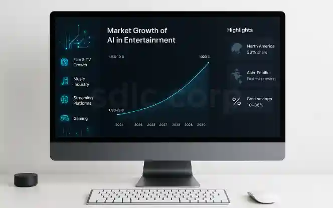 Desktop mockup showing AI in media and entertainment market growth with charts and industry insights