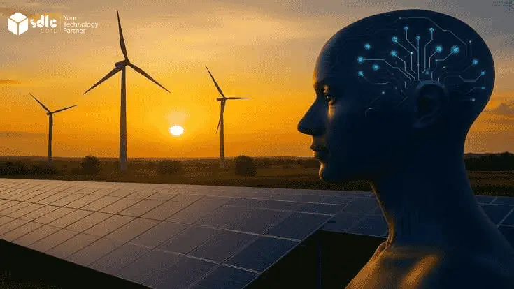 Generative AI for Energy showing renewable energy sources with smart grid integration