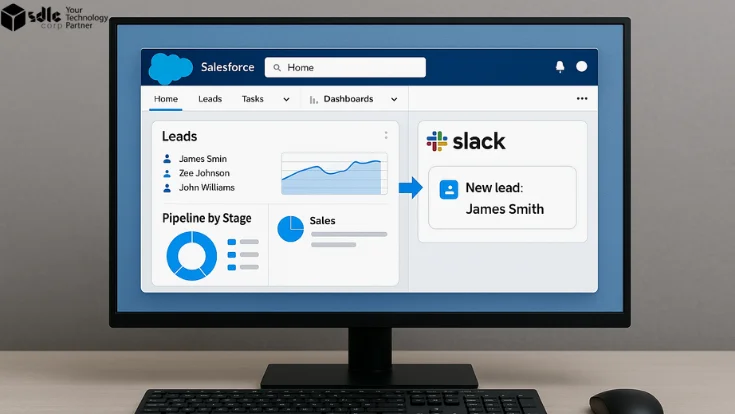 Salesforce dashboard showing leads and sales pipeline with Slack integration notification: New lead James Smith.