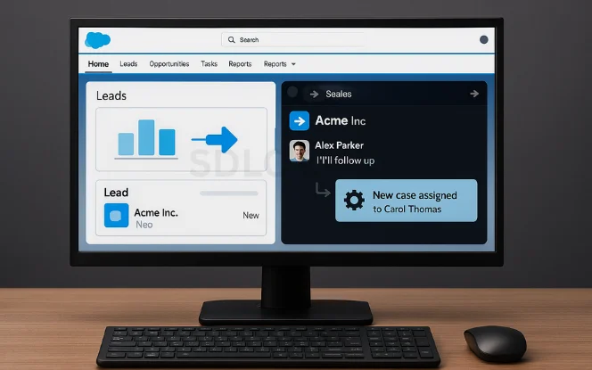 Salesforce dashboard displaying lead details for Acme Inc. with Slack notification assigning a new case to Carol Thomas.