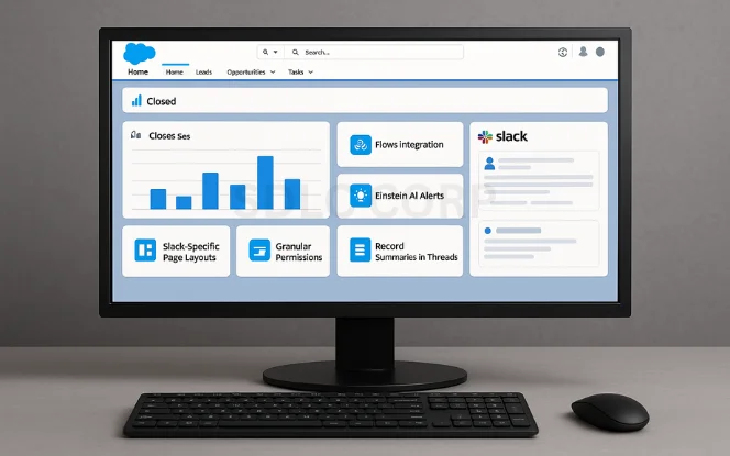 Salesforce dashboard with charts and options for Flows integration, Einstein AI alerts, granular permissions, record summaries, and Slack notifications.
