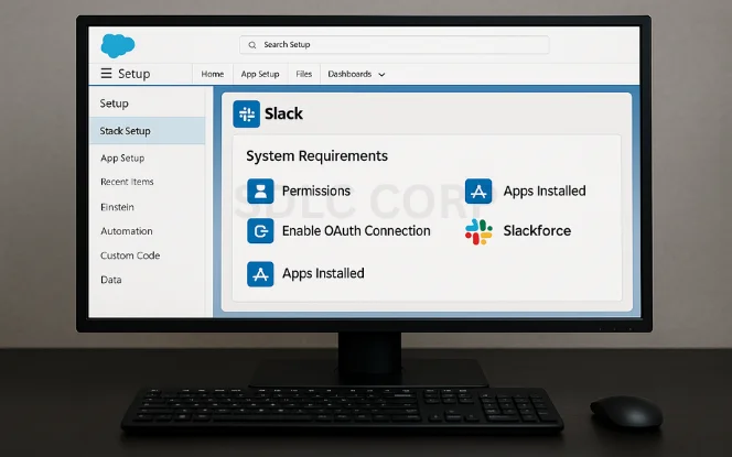 Salesforce setup dashboard highlighting Slack system requirements, permissions, OAuth connection, apps installed, and Slackforce integration.