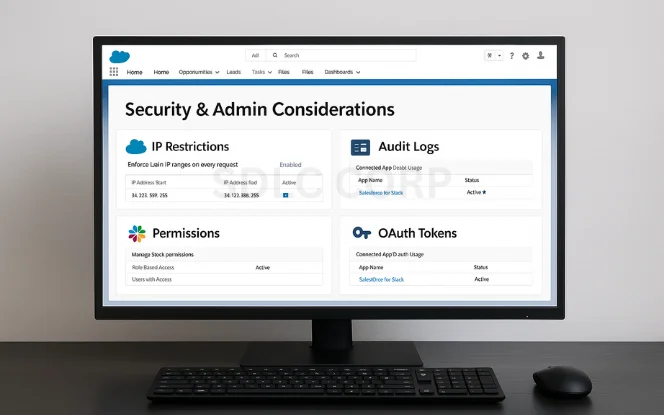 Salesforce dashboard with security and admin considerations including IP restrictions, audit logs, permissions, and OAuth tokens.