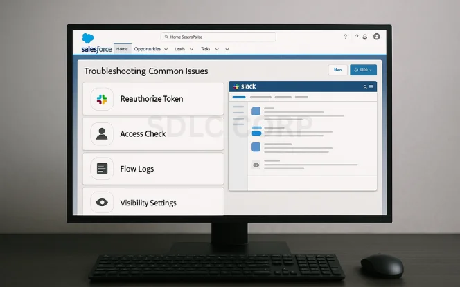 Salesforce dashboard showing troubleshooting common issues for Slack integration such as reauthorize token, access check, flow logs, and visibility settings.