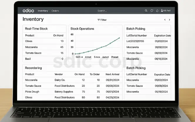 Laptop screen displaying Odoo inventory dashboard with real-time stock tracking, batch and lot tracking, expiration date alerts, and automated purchase order management.