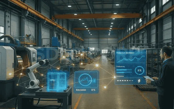 Factory using AI and robotics to optimize production, reduce energy waste, and track emissions.