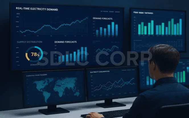 Utility operator analyzing AI-powered dashboards for real-time electricity demand forecasting and supply optimization.