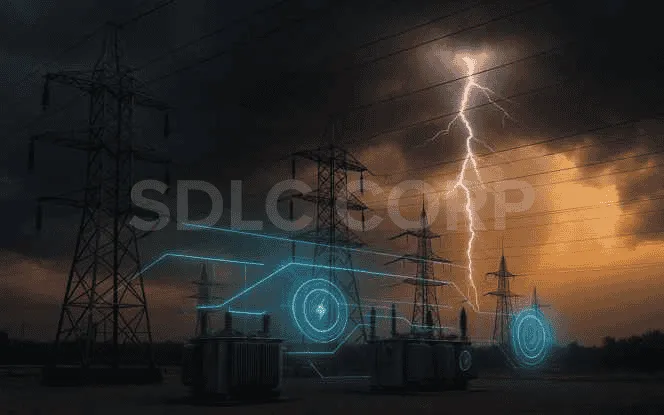 Electrical power grid facing extreme weather with AI-powered resilience and monitoring systems.