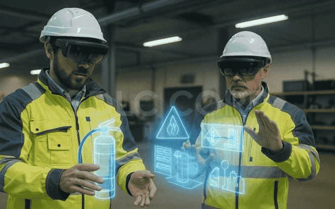 Energy workers using AI-powered augmented reality simulations for safety and training in energy operations.