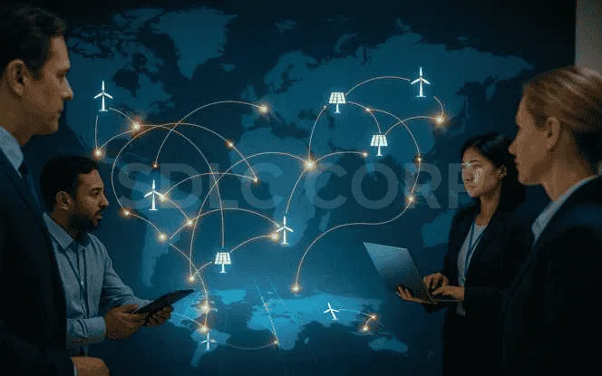 Business professionals discussing global renewable energy networks supported by generative AI for energy optimization.