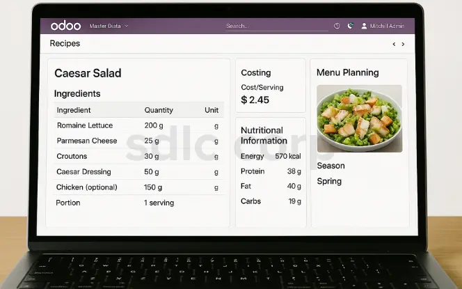 Laptop screen displaying Odoo recipe management dashboard with portion control, ingredient cost tracking, nutritional information, and seasonal menu planning.