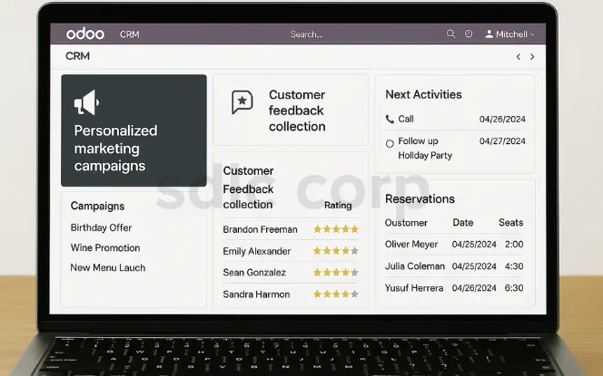 Laptop screen displaying Odoo CRM dashboard with personalized marketing campaigns, customer feedback collection, and restaurant reservations management.