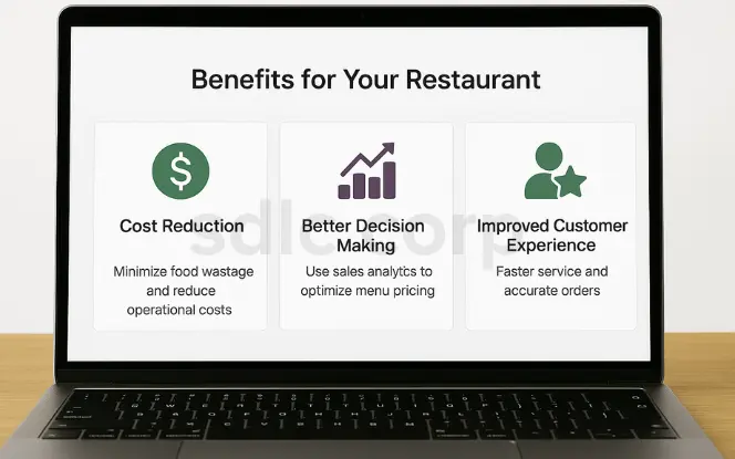 Laptop screen displaying Odoo restaurant benefits dashboard with cost reduction, better decision making through sales analytics, and improved customer experience.