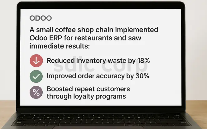 Laptop screen displaying Odoo ERP case study dashboard showing reduced inventory waste by 18%, improved order accuracy by 30%, and boosted repeat customers through loyalty programs for a small coffee shop chain.