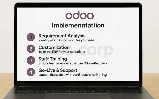 Laptop screen displaying Odoo ERP implementation steps including requirement analysis, customization, staff training, and go-live with support.