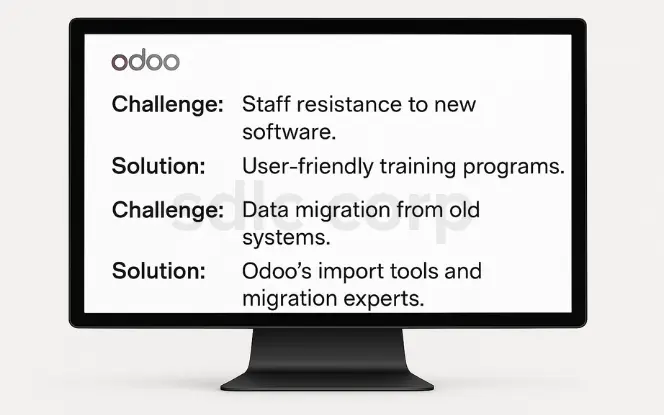 Computer screen displaying Odoo ERP implementation challenges and solutions, including staff resistance resolved with training programs and data migration handled with Odoo import tools and experts.
