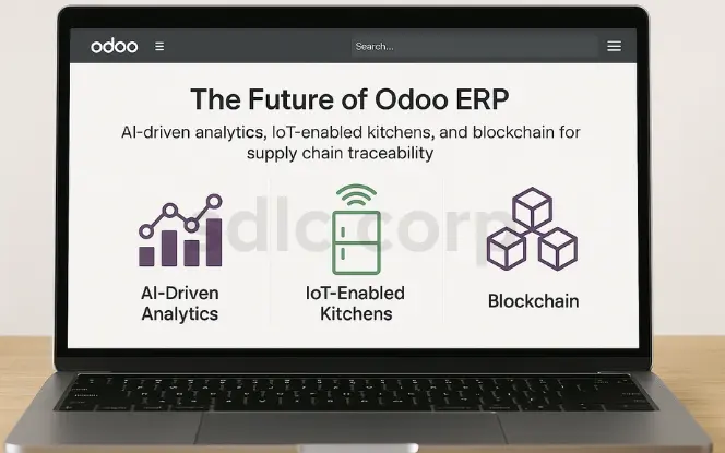 Laptop screen displaying the future of Odoo ERP with AI-driven analytics, IoT-enabled kitchens, and blockchain for supply chain traceability.