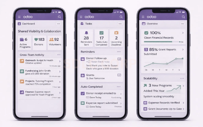 Graphic showing workflow automation, financial visibility, and collaboration benefits of using Odoo for nonprofits.