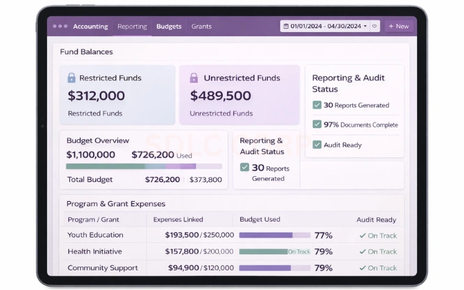 Nonprofit finance visualization showing fund balances, budget tracking, and reporting dashboards.