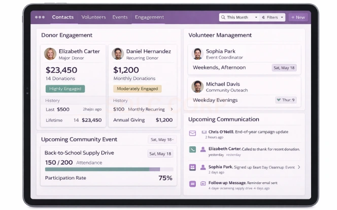 Engagement-focused graphic representing donor insights, volunteer activity, and community interaction managed in Odoo.