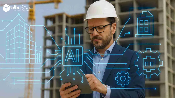 Generative AI in construction site showing cranes, skyscrapers, and digital 3D blueprints with AI overlays for smarter building design