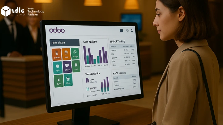Professional banner image showing a woman using a computer monitor with Odoo ERP dashboard displaying point of sale, sales analytics, and HACCP tracking.