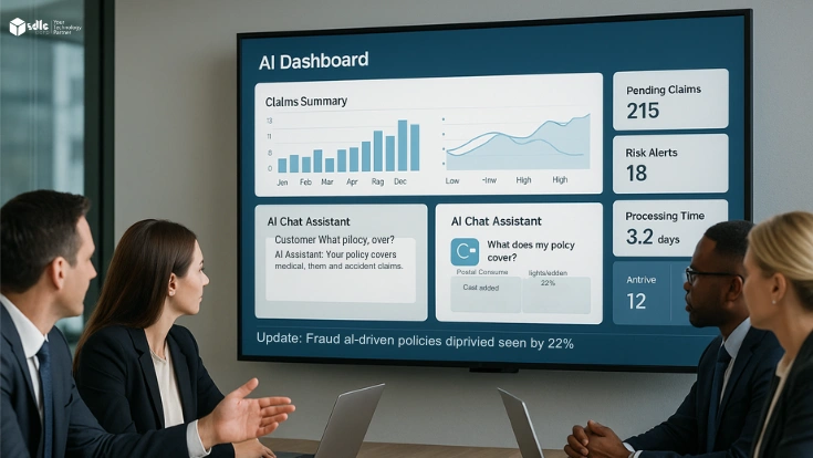 Generative AI insurance dashboard screenshot showing claims summary, risk simulation, AI assistant chat, fraud detection graph, and KPI metrics in a modern corporate UI.