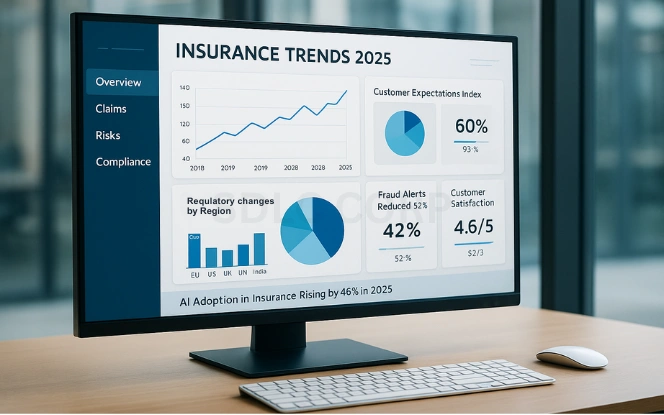 Modern insurance landscape illustration showing digital transformation with AI, risk assessment, claims automation, and customer support integration.
