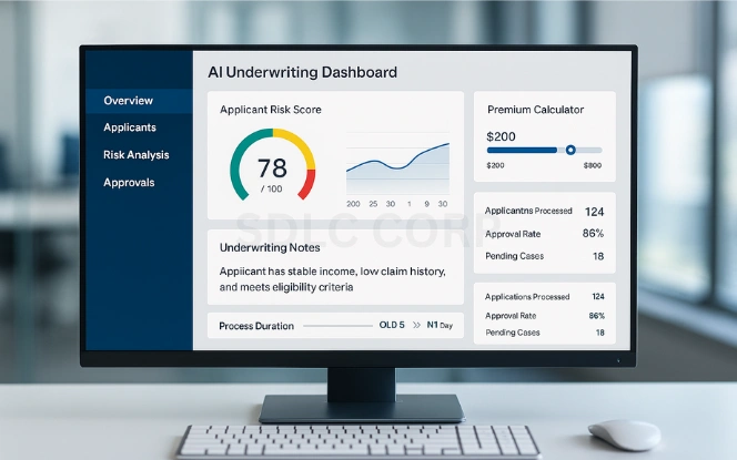 AI-driven underwriting automation dashboard showing applicant risk scoring, premium calculation, and faster policy approval process.
