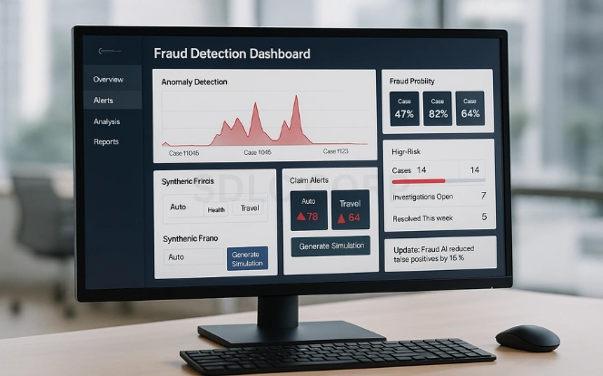 Fraud detection and Special Investigation Unit dashboard with anomaly detection graph, fraud probability scores, alerts list, and synthetic fraud scenario generator.