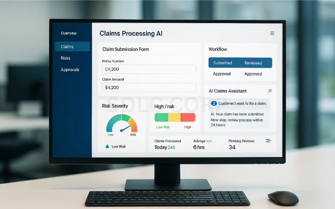 AI-powered claims processing and First Notice of Loss dashboard showing claim submission form, workflow tracker, risk severity heatmap, and automated assistant updates.