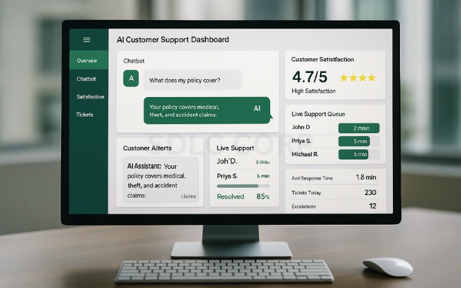 AI customer support dashboard showing chatbot conversation, customer satisfaction score, ticket resolution tracker, and live support queue for improved insurance experience.