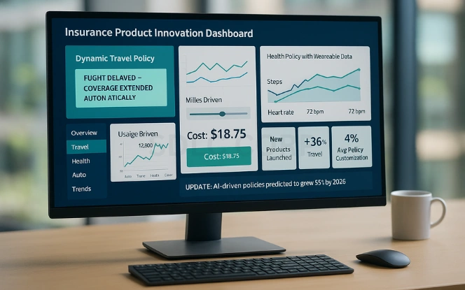 Insurance product innovation dashboard showing dynamic travel policies, health policies with wearable data, usage-based auto insurance calculator, and adoption trend analytics.
