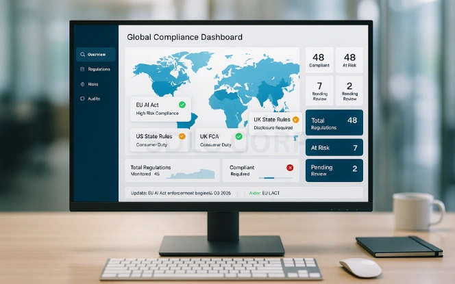 Global compliance dashboard highlighting EU AI Act, US state disclosure rules, UK FCA consumer duty, and India draft AI law with compliance status indicators.