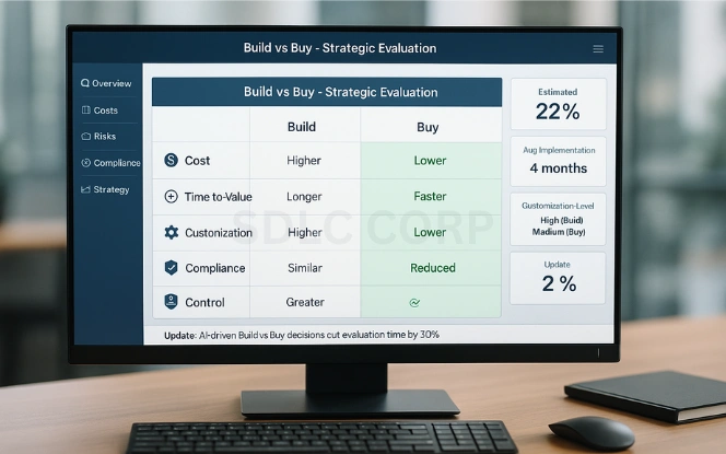 Build vs Buy decision matrix dashboard comparing cost, time-to-value, customization, compliance, and control with highlighted advantages for each option.