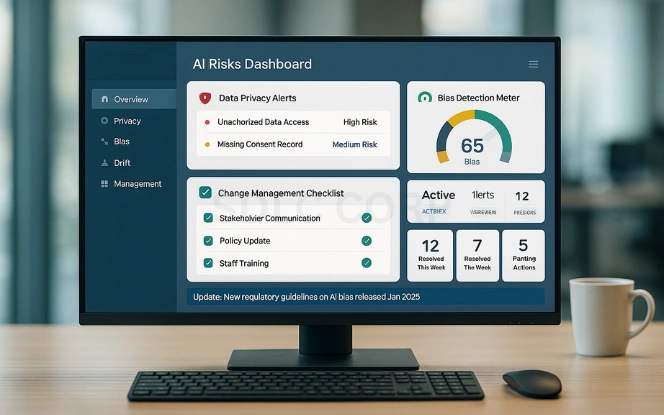 AI risks dashboard showing data privacy alerts, bias detection meter, model drift tracker, and change management checklist for insurance compliance.