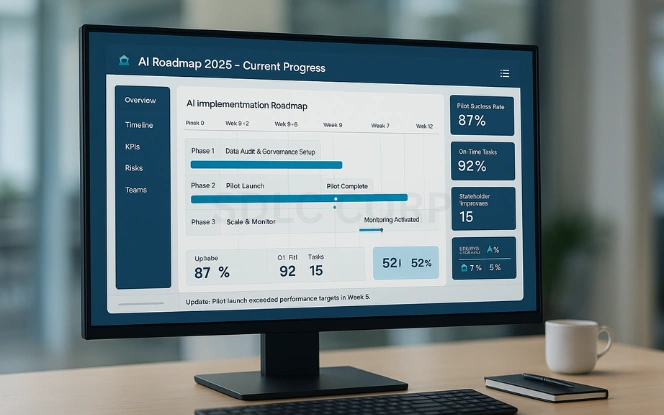 AI implementation roadmap dashboard with Gantt chart phases for data audit, pilot launch, and scale with monitoring, plus KPI success rate indicators.