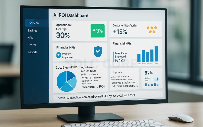 AI ROI dashboard showing operational savings, improved customer satisfaction, financial KPIs, claims savings by department, and cost breakdown charts.