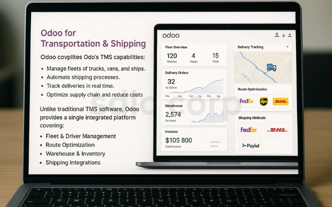 Laptop screen displaying Odoo for Transportation & Shipping dashboard, highlighting fleet management, delivery tracking, route optimization, warehouse inventory, and shipping integrations with carriers like FedEx, UPS, and DHL.