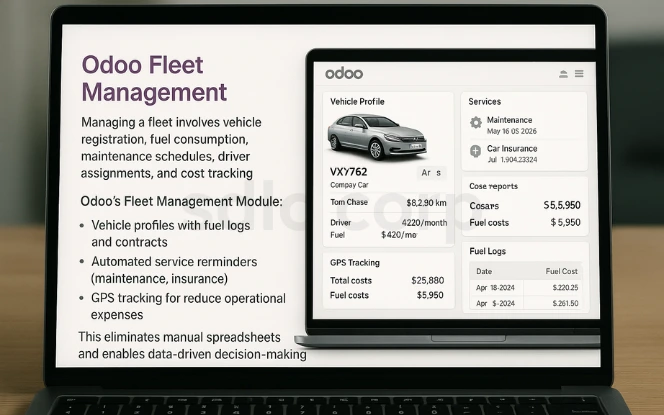 Laptop screen displaying Odoo for Transportation & Shipping dashboard, highlighting fleet management, delivery tracking, route optimization, warehouse inventory, and shipping integrations with carriers like FedEx, UPS, and DHL.