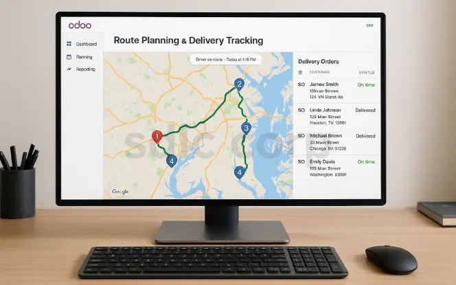 Computer monitor showing Odoo Route Planning & Delivery Tracking dashboard with a live map, optimized delivery routes, and order statuses for customers.
