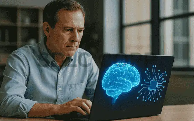 Architect using AI-powered laptop with digital brain visualization – Generative AI in construction