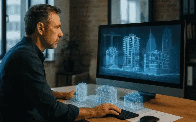 Architect working on 3D building models using AI software – Generative AI in architecture